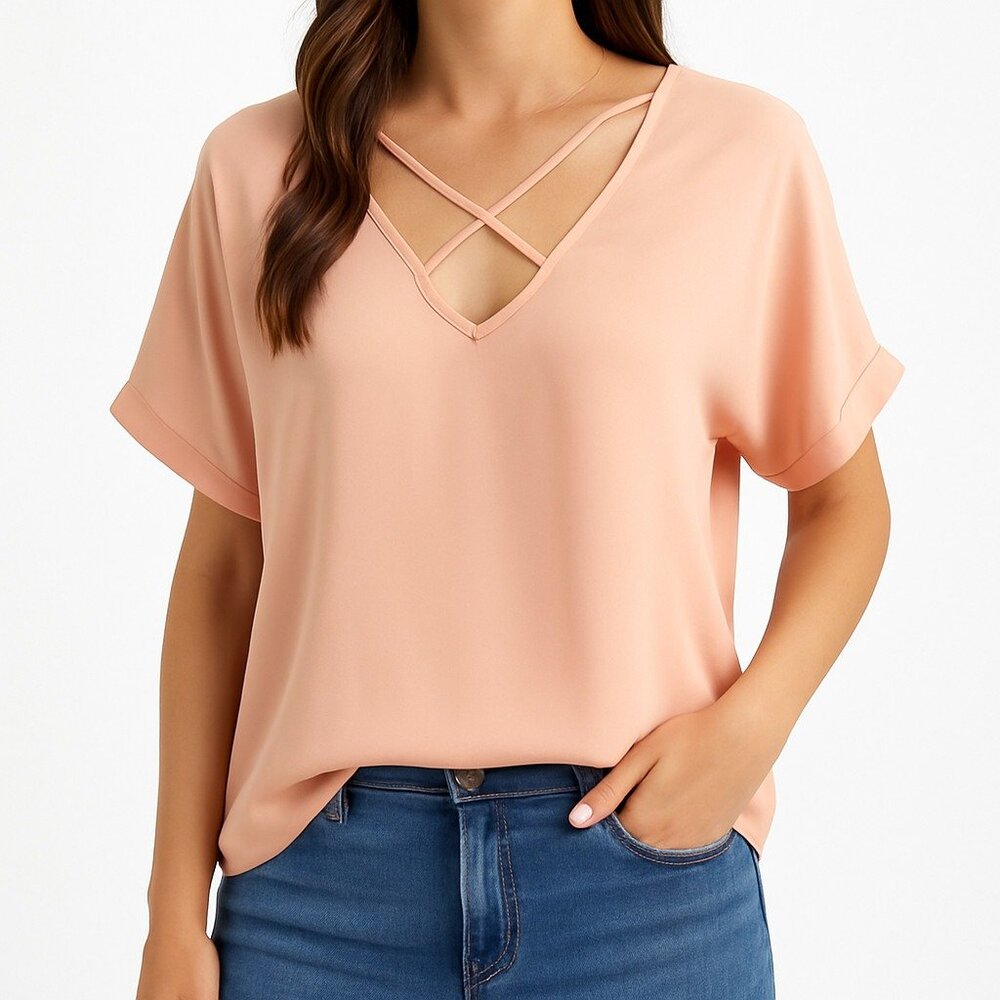 Lush Peach Pink Criss Cross V Neck Blouse XS Semi Sheer‎ Short Sleeve Top Casual